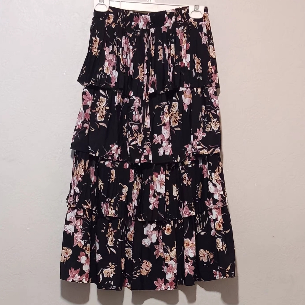 Alice Blue Women Layared Skirt‎ Floral Black Waistband  Midi SzM Peasant Y2k